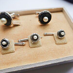 Art Deco Sterling Onyx and Cultured Pearl Cufflinks Studs